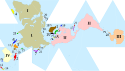 Dymaxion map (Fuller map) with continental landmasses (I,II,III,IV) and largest islands (1–30) roughly to scale