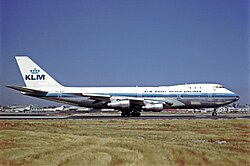KLM Boeing 747-206B in 1971. The 747 was KLM's first widebody aircraft and served the airline as one of its primary long-haul types from 1971 until 2020.