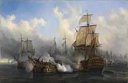 The British HMS Sandwich fires at the French flagship Bucentaure (completely dismasted) in the battle of Trafalgar. Bucentaure also fights HMS Victory (behind her) and HMS Temeraire (left side of the picture). HMS Sandwich did not fight at Trafalgar and her depiction is a mistake by the painter.[74]