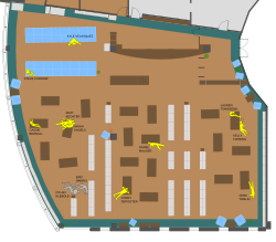 A diagram of the library shortly after Harris and Klebold's suicides (Victims marked in yellow, Harris and Klebold marked in grey)