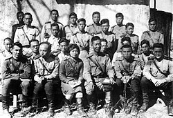 Members of the 88th Separate Rifle Brigade, an international military unit of the Red Army, in 1943. Kim is sitting in the front row, second from the right.