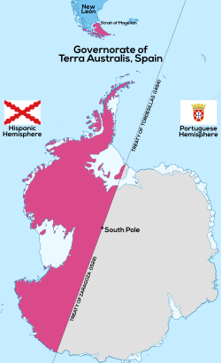 Map of the Spanish Governorate of Terra Australis (1539–1555), the first territorial claim over the lands near the South Pole.[7][192]