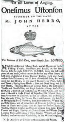 Trading card of the Ustonson company, an early firm specialising in fishing equipment, and holder of a royal warrant from the 1760s.