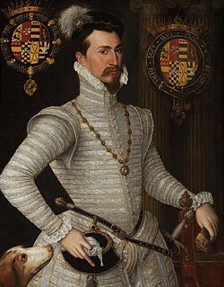 Robert Dudley, Earl of Leicester, his arms at left are surrounded by the Collar of the Order of St Michael.