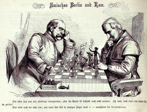 Tensions between Germany and the Catholic Church hierarchy, depicted in a chess game between Bismarck and Pope Pius IX. Between Berlin and Rome, Kladderadatsch, 1875.