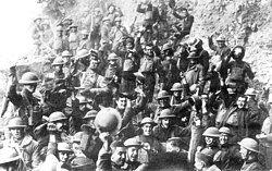 American soldiers of the 64th Regiment, part of the 7th Division, celebrate the news of the Armistice.