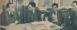 Conference of "World Union of documentary films" in 1948 Warsaw featured famous directors of the era: Basil Wright (on the left), Elmar Klos, Joris Ivens (2nd from the right), and Jerzy Toeplitz.