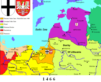 The Teutonic Order (orange) following the Second Peace of Thorn (1466)