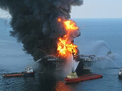 Deepwater Horizon in flames after the explosion, April 20, 2010