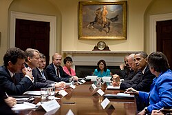 President Barack Obama meeting with BP executives at the White House in June 2010 to discuss the oil spill in the Gulf of Mexico