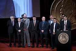 Lee Zurik accepts the Peabody Award for "Louisiana Purchased." He is joined on stage by the WVUE-TV and NOLA.com crew.