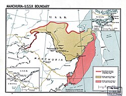 Map showing the original border (in pink) between Manchuria and Russia according to the Treaty of Nerchinsk 1689, and subsequent losses of territory to Russia in the treaties of Aigun 1858 (beige) and Peking 1860 (red)