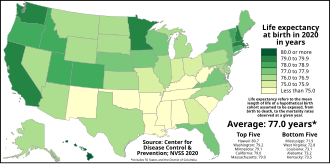 2020 life expectancy map of the United States