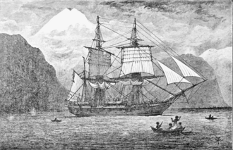 Reproduction of frontispiece by Robert Taylor Pritchett from the first Murray illustrated edition, 1890: HMS Beagle in the Straits of Magellan at Monte Sarmiento in Chile.[2]