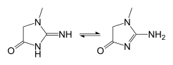 The cyclic derivative creatinine exists in equilibrium with its tautomer and with creatine.