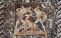 Stag Hunt Mosaic, the figure on the right possibly being Alexander, and the figure to the left wields a double-headed axe, likely alluding to Hephaistos; possibly meaning his general Hephaestion