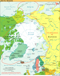 The 10 °C (50 °F) mean isotherm in July, marked by the red line, is commonly used to define the border of the Arctic region