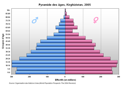 A population pyramid showing Kyrgyzstan's age distribution (2005)