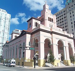 Gesu Church, built in 1896, is the oldest Catholic church in Miami and one of many central churches and synagogues in Downtown