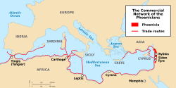 A map of Phoenicia, trade routes and the Phoenician colony of Carthage