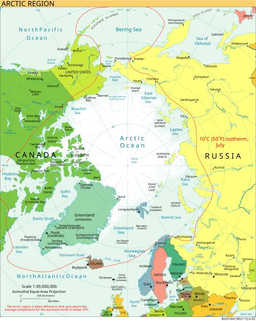 A map of the Arctic. The red line indicates the 10°C isotherm in July and the white area shows the average minimum extent of sea ice in summer as of 1975.[3]