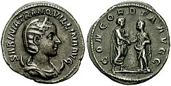 Roman Imperial coin of Tranquillina, struck c. 241, with her portrait on the obverse and her marriage to Gordian III depicted on the reverse in smaller scale; the coin exhibits the obverse – "head", and reverse – "tail" – a convention that still dominates much coinage today. Legends: SABINIA TRANQVILLINA AVG / CONCORDIA AVGG.
