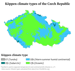 Köppen climate classification types of the Czech Republic using the −3 °C isotherm: