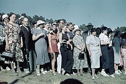Men and women gathered at sporting event in Sweden (1938)