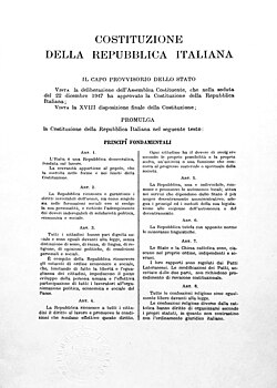The Constitution of the Italian Republic came into force on 1 January 1948 after the 1946 Italian institutional referendum.