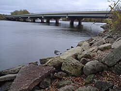 The La Crosse West Channel Bridge carrying US 14, US 61 and State Highway 16 across the Mississippi River between La Crescent, Minnesota, and La Crosse, Wisconsin. This is the river's West Channel.