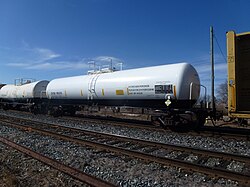 A tank car designed for transporting hydrogen peroxide by rail