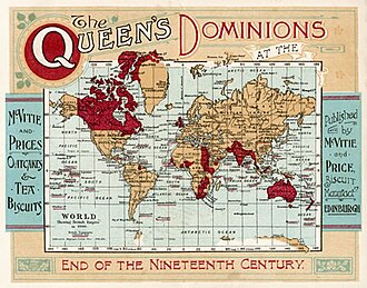 Map of the British Empire under Queen Victoria at the end of the nineteenth century. "The Queen's Dominions" refers to all territories belonging to the Crown.