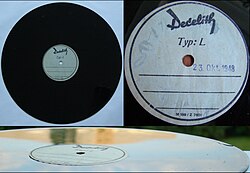 A 10-inch blank for making an individually cut one-off recording made from Decelith, a proprietary PVC-based material produced by a German Company ECW that was used to make commercial flexible blanks prior to World War II[31]