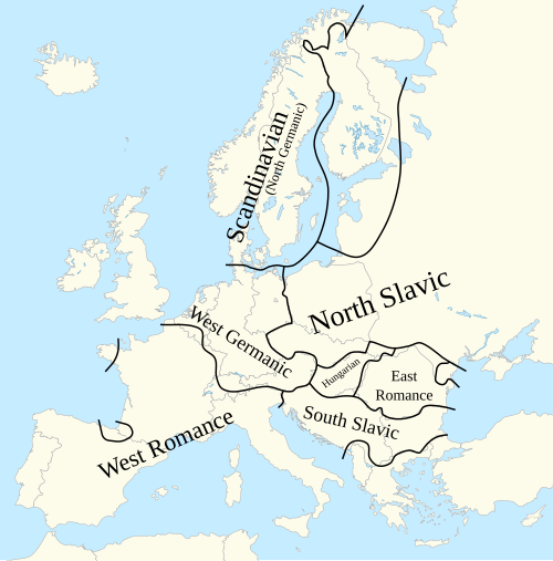 Major dialect continua in Europe in the mid-20th century. Note that this map does not show areas within the continua where the Basque, Breton or Sámi languages are spoken.[29]