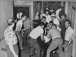 A mob beats Freedom Riders in Birmingham. The FBI reclaimed this picture from a local journalist who was also beaten and whose camera was smashed.
