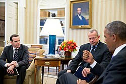 President Barack Obama meets with retired Gen. John Allen, special presidential envoy for the Global Coalition to Counter ISIL, and Brett McGurk, Deputy special presidential envoy, left, in the Oval Office, Sep 16, 2014