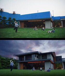 The house was constructed on a set and everything above the first floor was added in post-production.