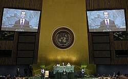 President of Russia Dmitry Medvedev addresses the 64th session of the UN General Assembly on 24 September 2009.