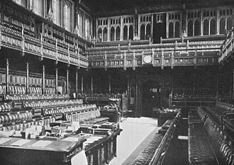 The old Chamber of the House of Commons built by Sir Charles Barry was destroyed by German bombs during the Second World War. The essential features of Barry's design were preserved when the chamber was rebuilt.
