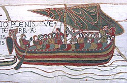 Image from the Bayeux Tapestry showing Harold Godwinson's ship approaching a beach, probably in the Somme Estuary[124]