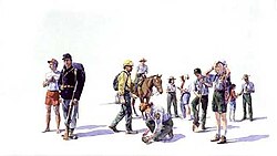 Depicts twelve figures, most in NPS uniforms, shown in occupations from left to right: a lifeguard, a Civil War reenactor, fire management, mounted patrol, researcher and/or natural resources with fish, a female ranger with two visitors, a laborer, a climber/rescuer, and a youth with a male ranger.