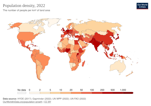 Population density (people per km2) by country