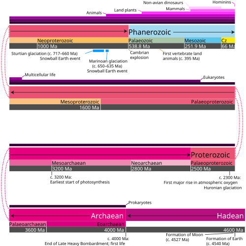 Geologic time scale for context with proportional representation of eons/eonothems and eras/erathems. Cenozoic is abbreviated to Cz. The image also shows some notable events in Earth's history and the general evolution of life.