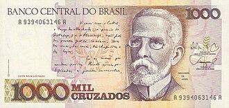 1987 banknote of 1,000 Brazilian cruzados featuring Machado de Assis