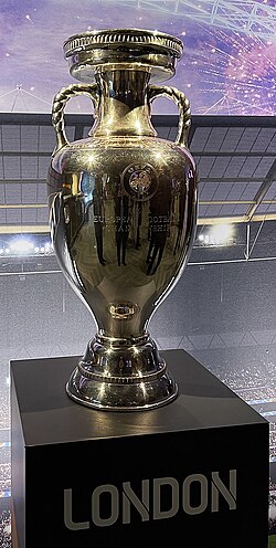 The trophy on display in London, won by Italy at 2020 UEFA Euro in 2021