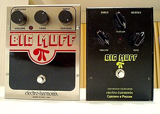 Big Muff fuzzboxes: a NYC re-issue (L) and a Russian Sovtek version (R)