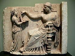 Gravestone of a woman with her slave child-attendant, c. 100 BC