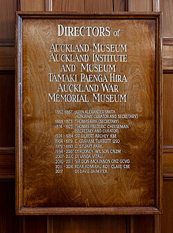 An Honour (Honors) board listing the directors of a museum in Auckland, New Zealand