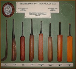 Evolution of the cricket bat. The original "hockey stick" (left) evolved into the straight bat from c. 1760, when pitched delivery bowling began.