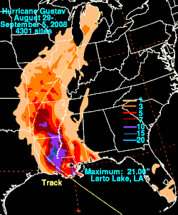 Total rainfall from Gustav in the United States